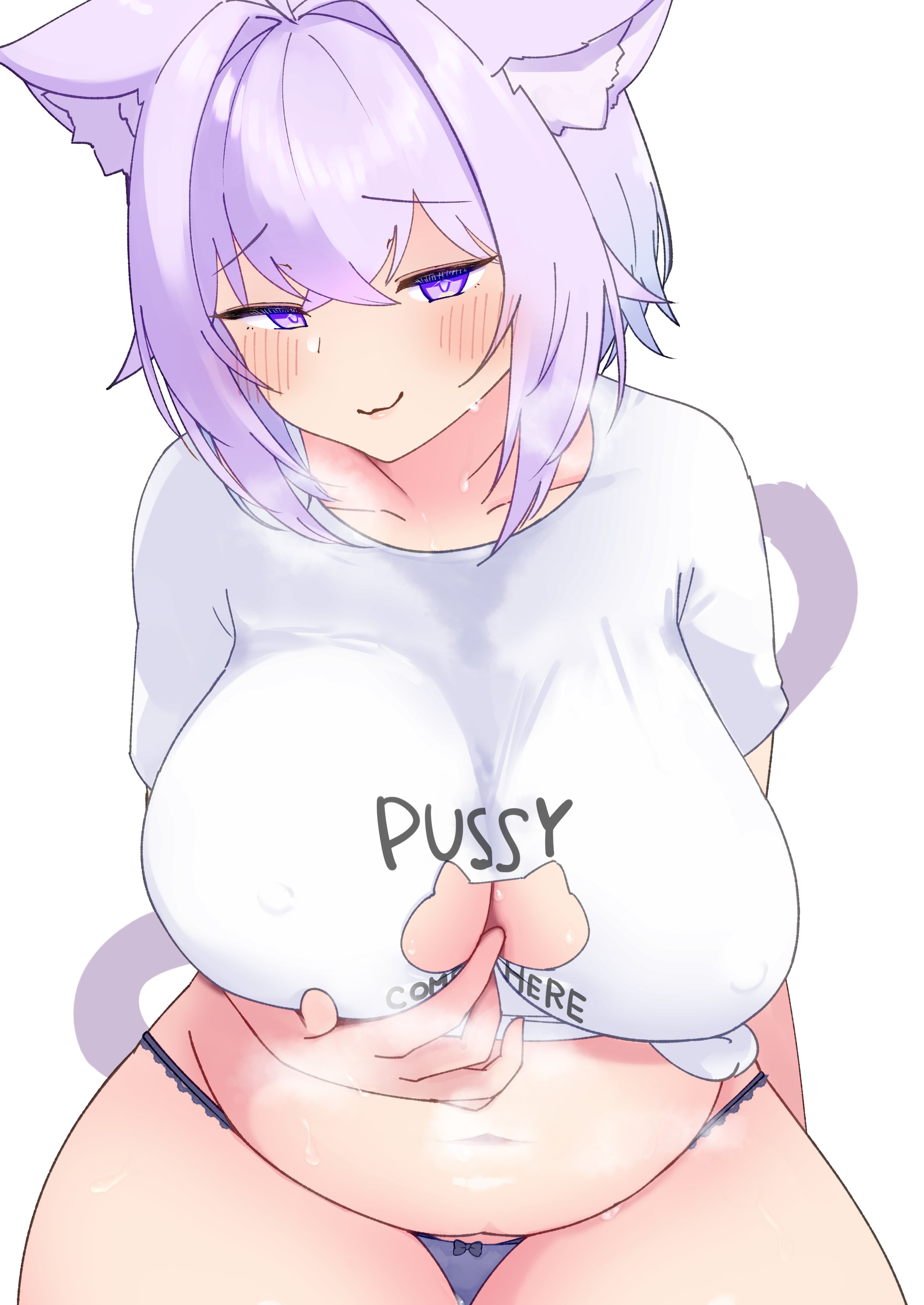 1girls, 2025, bare thighs, big breasts, blush, breasts, cat ears, cat girl, cat tail, catgirl, clothed, clothing, female, female only, hi res, hololive, hololive gamers, hololive japan, looking at viewer, nekomata okayu, osatou, provocative, purple eyes, purple hair, semi nude, simple background, skirt, smile, solo, stomach, sweat, sweatdrop, tail, thick thighs, thighs, underwear, virtual youtuber, vtuber, white background, white skin