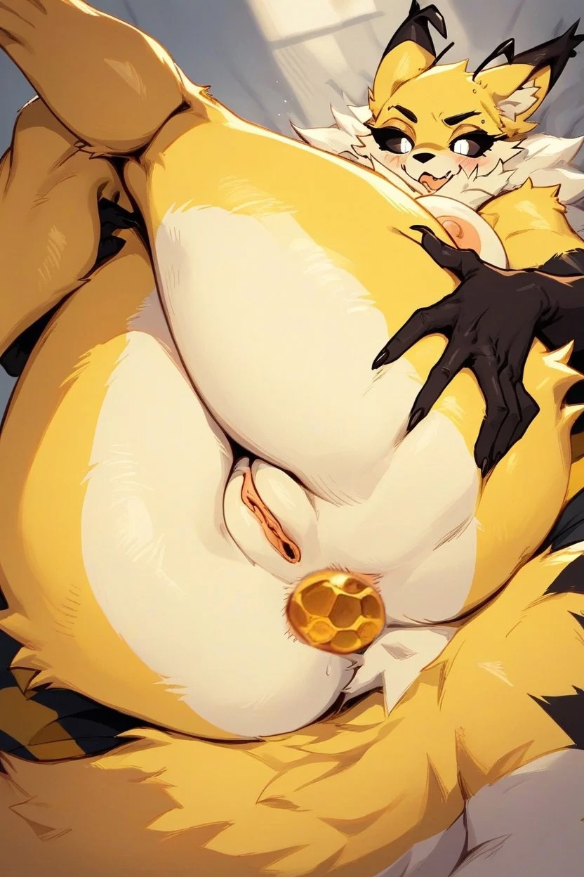 ai_generated anal_plug bee black_fur black_sclera breasts female female_only furry legs_up lying_on_back melina_(wiuio9) vagina white_pupils wiuio9 yellow_fur