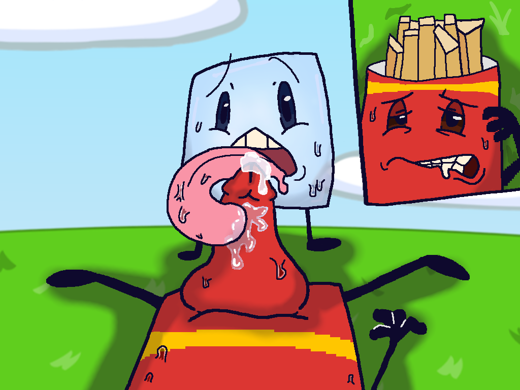 4:3 animate_inanimate anthro armless battle_for_dream_island bodily_fluids clenched_teeth close-up cloud drooling elemental_creature female first_person_view food food_creature fries fries_(bfdi) genital_fluids genitals grass ice_cube_(bfdi) licking long_tongue looking_pleasured lying male male/female object_shows on_back onikuma_(artist) oral penile penis penis_lick plant precum precum_on_penis saliva sex sky sweat teeth tongue