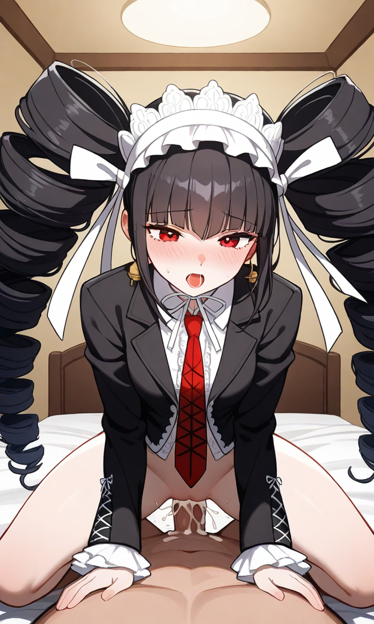 ai_generated black_hair blush celestia_ludenberg cowgirl_position cum cum_inside danganronpa danganronpa:_trigger_happy_havoc earrings goth goth_girl gothic gothic_lolita headdress mouth_open partially_clothed pov red_eyes sex tie twintails wholesome