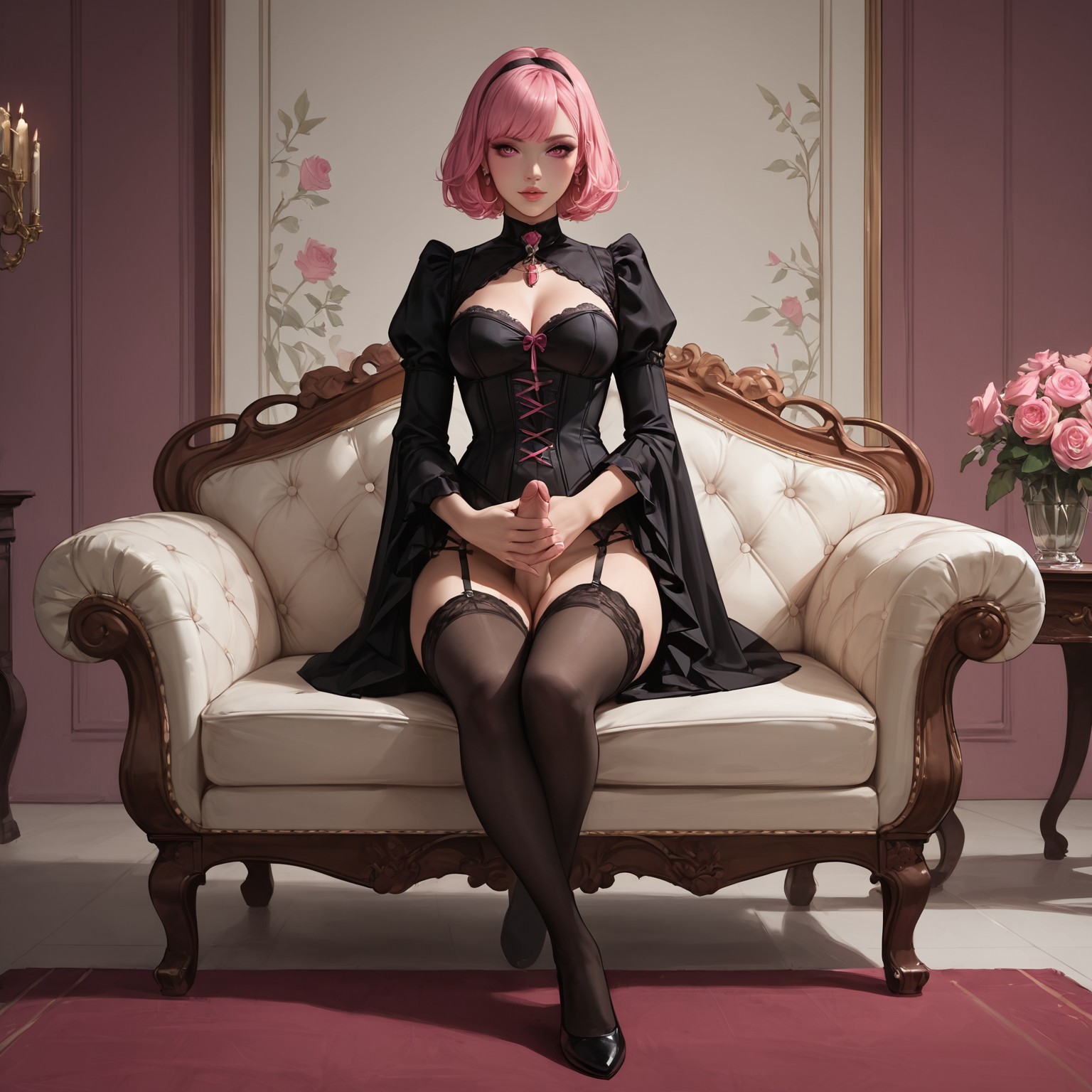 1futa, ai generated, blindparty, civitai, futanari, intersex, lingerie, living, long hair, masturbation, nudity, on couch, penis, pink eyes, pink hair, room, solo, stockings