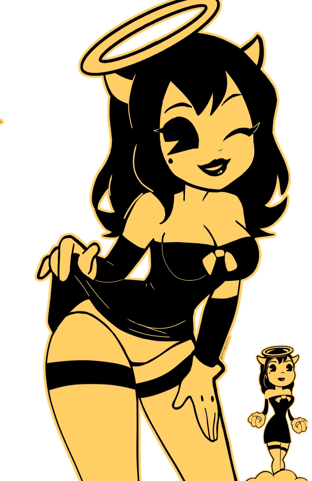 1girls alice_angel bendy_and_the_ink_machine bow cardboard_cutout cartoon cutout dress dress_lift elbow_gloves gloves halo horns looking_at_viewer official_art_inset panties pie_ pie_cut_eyes sepia simple_background solo somnipheromone style_parody thick_thighs thigh_strap wide_hips wink