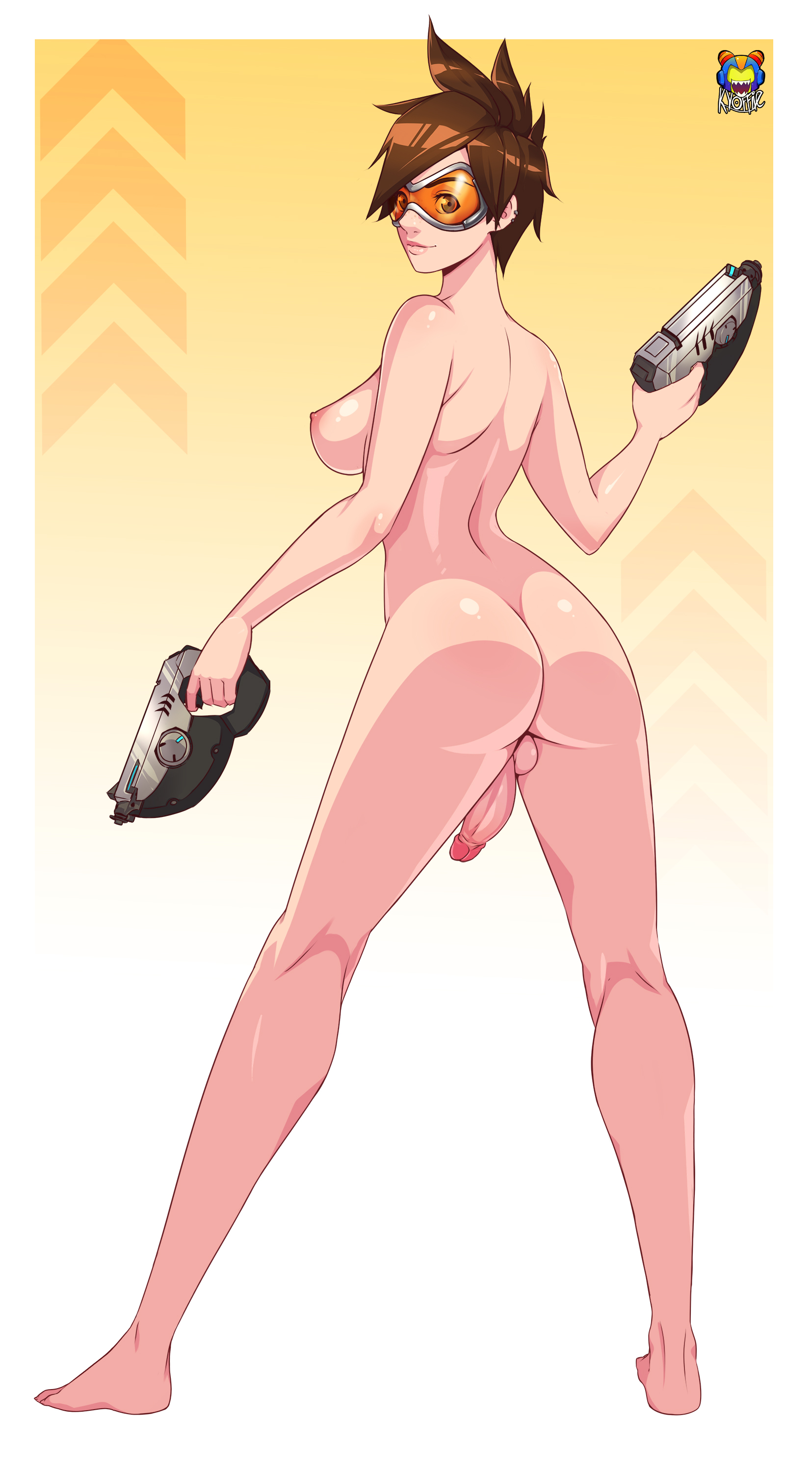 1futa, ass, breasts, erection, full length, full-length portrait, futa only, futanari, intersex, kyoffie, large breasts, nipples, nude, overwatch, penis, solo, standing, tracer