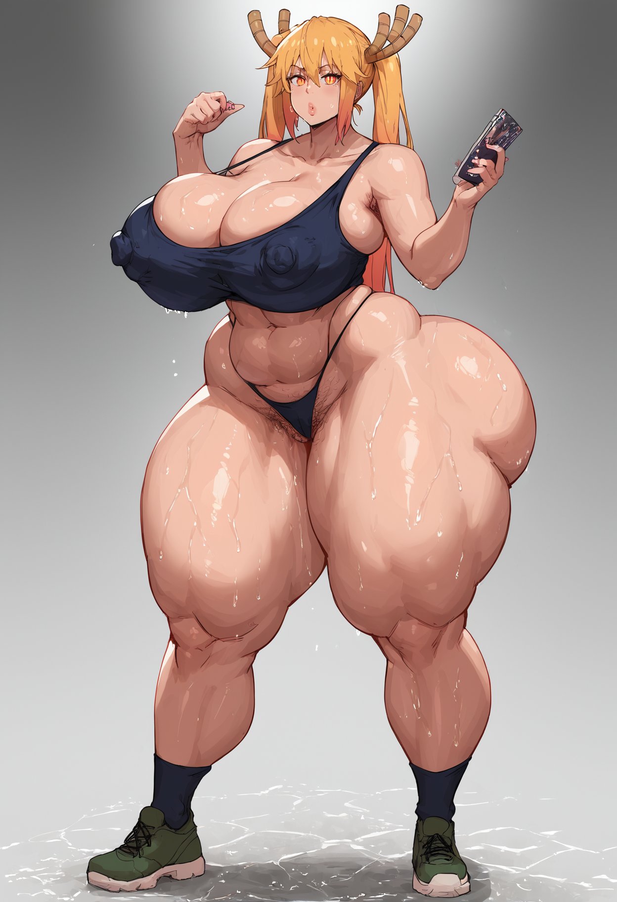 1girls, ai generated, antlers, big breasts, big thighs, blonde hair, breasts, cleavage, corruptedvisions, female, female only, footwear, full body, green footwear, holding object, holding phone, horns, huge breasts, hyper, hyper thighs, large thighs, long socks, looking at viewer, miss kobayashi's dragon maid, muscular, muscular female, orange hair, perfect body, shoes, skull crushing thighs, socks, solo, standing, thong, tohru (dragon maid), twintails
