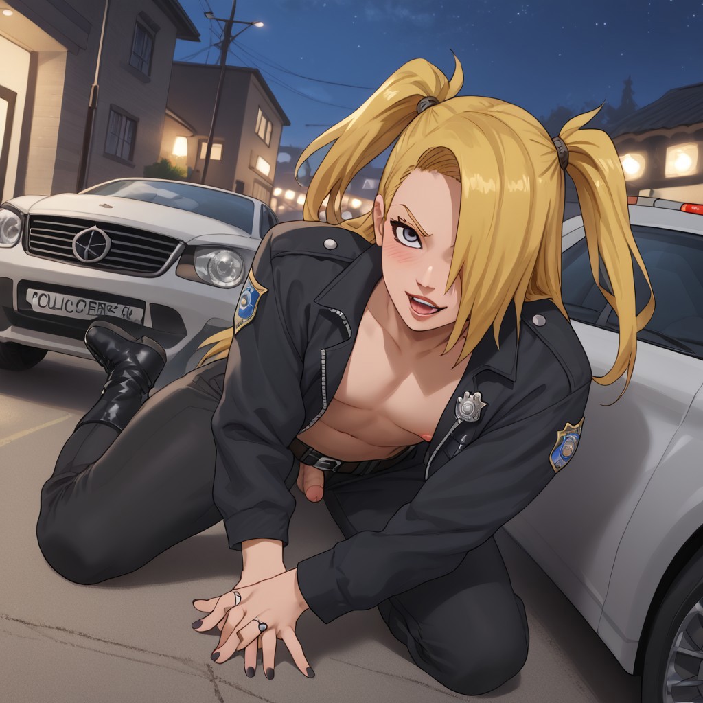 1boy ai_generated balls belly blonde_hair blue_eyes blush deidara femboy holding male nails_painted naruto naruto_(series) naruto_shippuden nipples police police_uniform sissy small_penis smaller_male street text tongue_out twintails yaoi