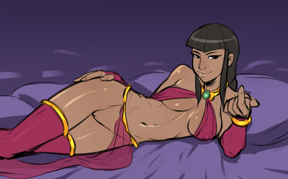 1girls, beckoning, bed, black hair, cleavage, come hither, dark skin, dark-skinned female, detached sleeves, exposed pussy, female, halterneck, harem outfit, in bed, izra, loincloth, loincloth aside, nipple bulge, no panties, on side, pelvic curtain, pussy, see-through, solo, thighhighs