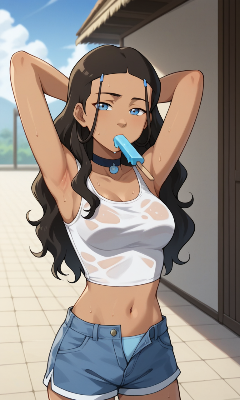 ai_generated ass avatar_legends avatar_the_last_airbender bigmic145 bra breasts clothed clothed_female clothing katara navel nickelodeon panties popsicle see-through see-through_clothing shorts solo solo_female sweat tank_top wet wet_clothes wet_clothing