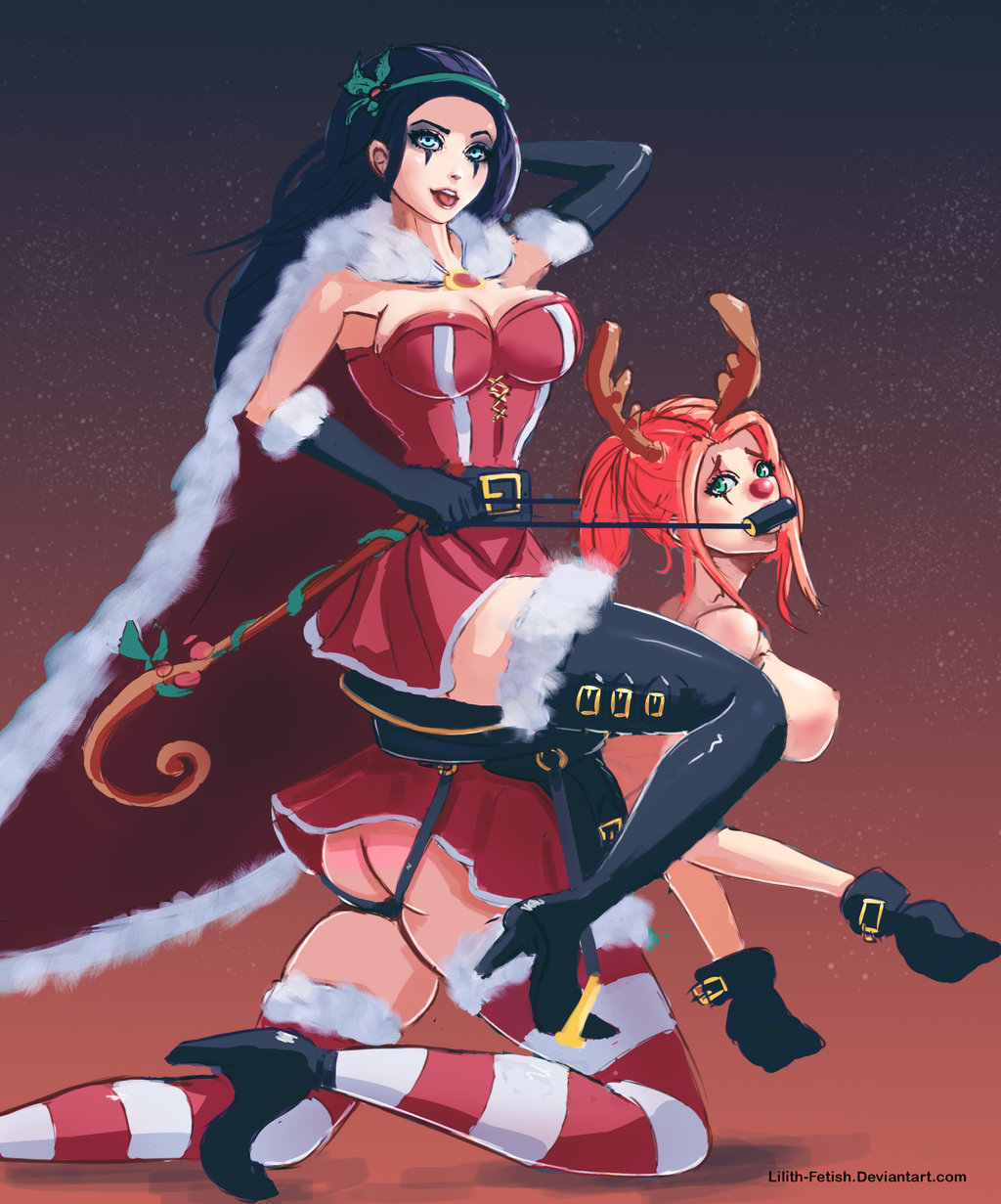 2016 2girls ass black_hair blue_eyes bondage breasts gag green_eyes katarina_du_couteau league_of_legends leblanc lilith-fetish mistletoe_leblanc multiple_girls nipples pet pet_play red_hair slay_belle_katarina snowdown_showdown_series