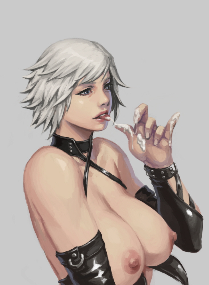 big breasts, breasts, christie (doa), collar, cum, dead or alive, female, huge breasts, large breasts, nipples, short hair, sleeves, solo, straps, tasting cum, tongue, tongue out, white hair, xxoom