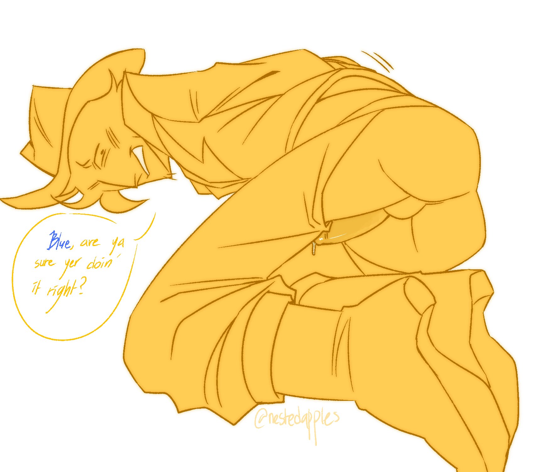 1boy, ass, ass focus, assless chaps, blush, blushing, blushing at partner, blushing male, boots, clothing, cowboy, deltarune, deltarune chapter 5, gay, gay male, hands behind back, hat, implied yaoi, male, male only, no sex, offscreen character, offscreen male, solo, solo focus, tied hands, tied up, yaoi, yellow (deltarune), yellow body, yellow hair, yellow skin