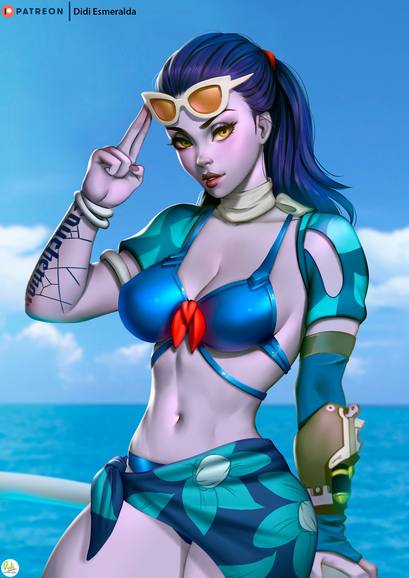 alternate costume, bikini top, blizzard entertainment, blue hair, cleavage, cote d'azur widowmaker, didi esmeralda, earrings, female, long hair, outdoors, overwatch, overwatch 2, purple skin, solo, standing, summer games series, sunglasses, widowmaker, yellow eyes