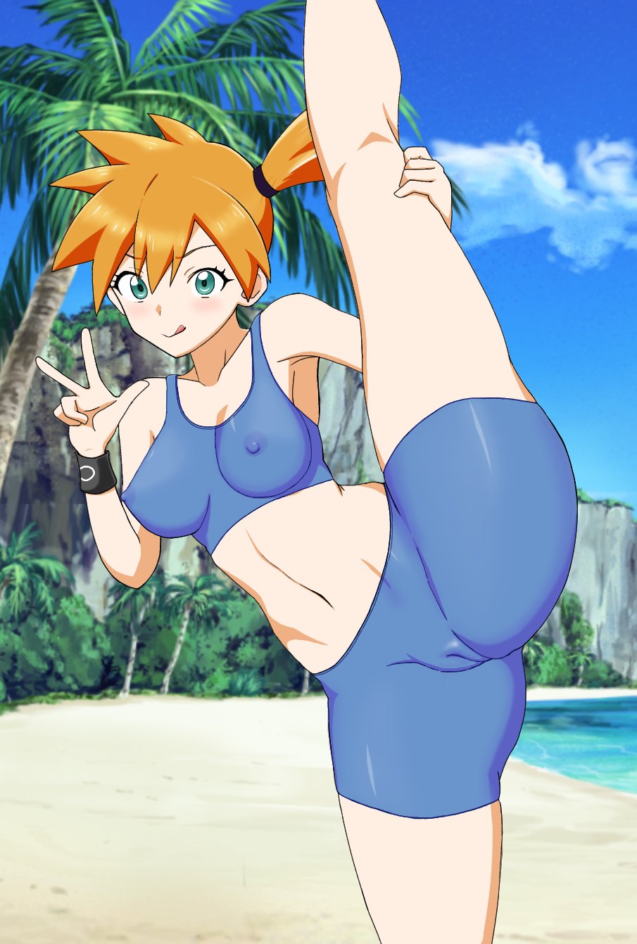 ass asymmetrical_hair beach blue_eyes blush bra breasts cameltoe closed_mouth cloud creatures_(company) day eyelashes female female_focus game_freak green_eyes hair_between_eyes hair_tie hand_up highres kasumi_(pokemon) large_breasts leg_hold leg_lift leg_up legs looking_at_viewer navel nintendo nipples noboyasm2000 open_mouth orange_hair outdoors palm_tree pokemon pokemon_frlg pokemon_rgby ponytail sand shore short_hair shorts side_ponytail sky smile solo split sports_bra spread_legs standing standing_on_one_leg standing_split swimsuit thick_thighs thighs tongue tongue_out tree underwear v w water wristband