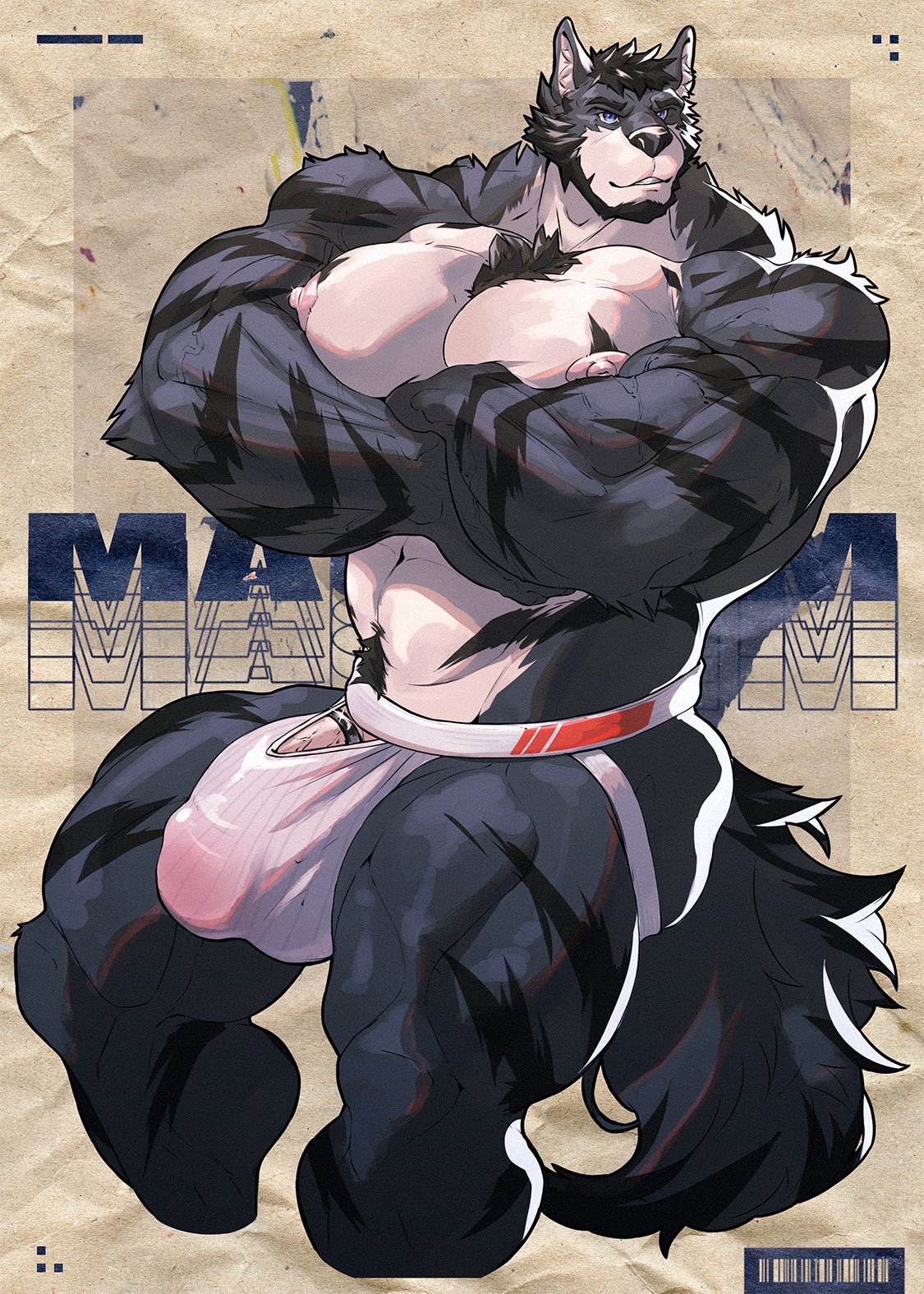 2024 abs anthro beard big_penis black_hair blue_eyes bulge canid canine canis character_name chest_tuft clothed clothing facial_hair fluffy fluffy_tail forearm_muscles fur genitals grey_body grey_fur grin hair hi_res jockstrap jockstrap_only magunm mako_pbw male mammal muscular muscular_anthro muscular_male nipples paper_background pecs penis penis_base pubes smile solo tail topless triceps tuft underwear underwear_only white_body white_clothing white_fur white_jockstrap white_underwear wolf