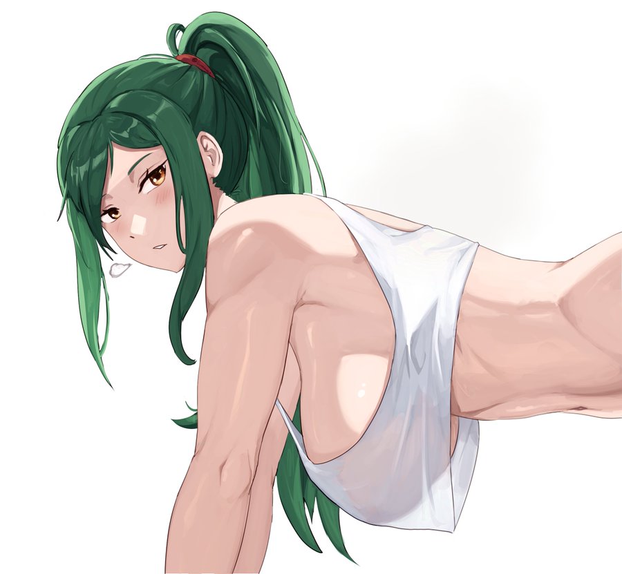 artist_request bent_over big_breasts blush crusch_karsten fit_female looking_at_viewer mostly_nude ponytail re:zero_kara_hajimeru_isekai_seikatsu see-through_top solo solo_female solo_focus sweating teasing thick visible_breath working_out workout_clothes