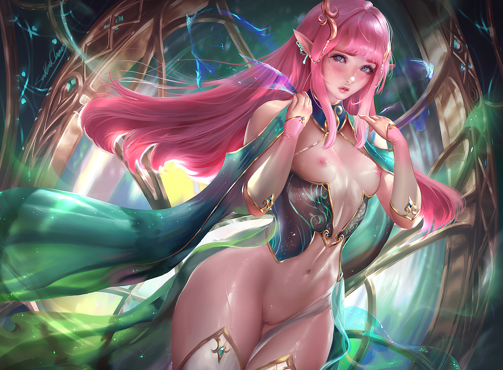 1girls, breasts, elf, female, female only, nude, original, pointy ears, sakimichan, small breasts, small waist, solo, thick thighs, wide hips