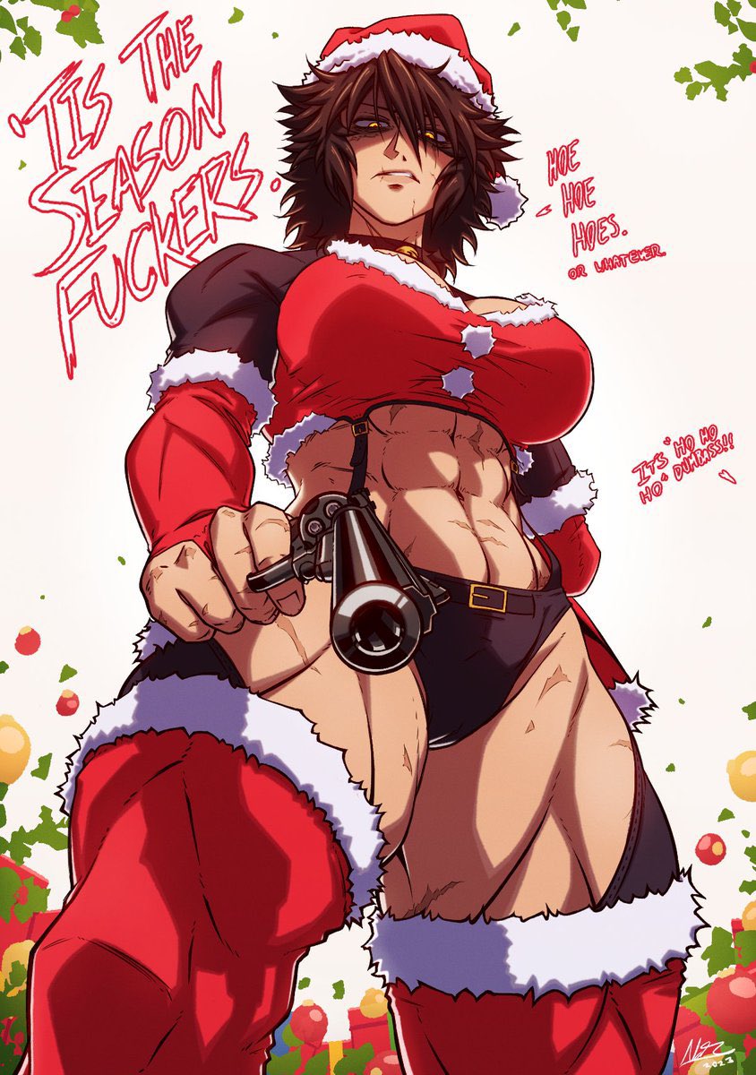 athletic_female big_breasts christmas christmas_outfit dialogue gun looking_at_viewer muscular muscular_female nr4ces santa_hat