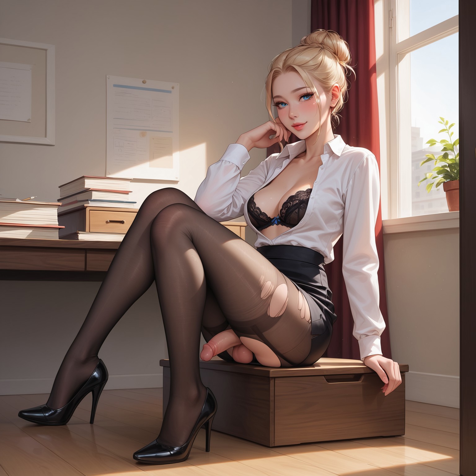ai generated, blindparty, blonde hair, blue eyes, bra, civitai, cleavage, futanari, intersex, lingerie, pantyhose, penis, ripped pantyhose, solo