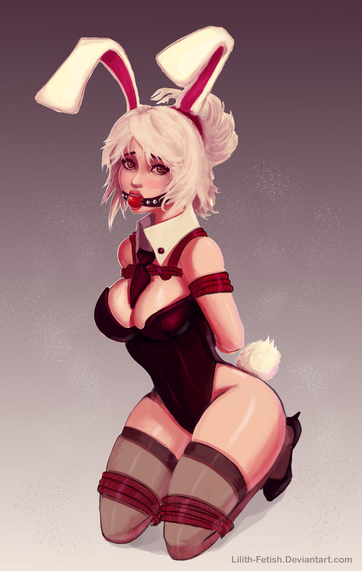 2015, arms behind back, arms tied, arms tied behind back, ball gag, battle bunny riven, bdsm, bondage, bound, bound arms, bound legs, female, female only, femsub, gag, gagged, league of legends, lilith-fetish, looking at viewer, orange eyes, riven, rope, rope bondage, submissive, submissive female, white hair