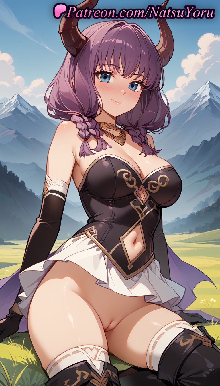 1girls ai_generated anime anime_style aura_(sousou_no_frieren) bangs bare_shoulders black_footwear black_gloves blue_eyes blue_sky blush boots braid breasts bust busty cleavage cleft_of_venus closed_mouth clothing_cutout cloud day demon_girl demon_horns elbow_gloves female female_focus female_only gloves gold_necklace grass hentai horns jewelry large_breasts long_hair looking_at_viewer low-braided_long_hair mountain mountainous_horizon natsuyoru navel navel_cutout neck_ring no_panties outdoors purple_hair pussy sitting skirt sky smile solo solo_female sousou_no_frieren strapless strapless_shirt thigh_boots thighhighs thighs twin_braids uncensored voluptuous voluptuous_female white_skirt white_thighhighs yokozuwari