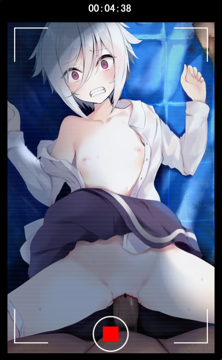 1boy bar_censor black_border blush border censored collarbone collared_shirt commentary_request defloration female flat_chest furrowed_brow grey_hair groin hair_between_eyes highres horrified itomi_sayaka long_sleeves looking_at_viewer lying male_pubic_hair nipples open_clothes open_shirt panties panties_around_one_leg penis petite pov pov_crotch pubic_hair purple_eyes purple_skirt rape recording renpu_girls_school_uniform school_uniform sex shade shirt short_hair skirt solo_focus spread_legs straight toji_no_miko underwear vaginal_penetration vesperia viewfinder white_panties white_shirt winter_uniform