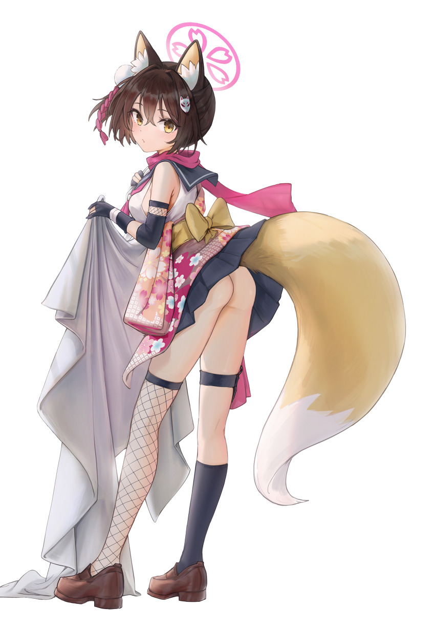 1girls animal_ears animal_tail ass big_ass blue_archive fefee female fishnet_legwear fishnets fox_ears fox_girl hair_ornament halo izuna_(blue_archive) japanese_clothes kemonomimi looking_at_viewer ninja pleated_skirt sailor_collar school_uniform serafuku skirt skirt_lift surprised_expression tail upskirt