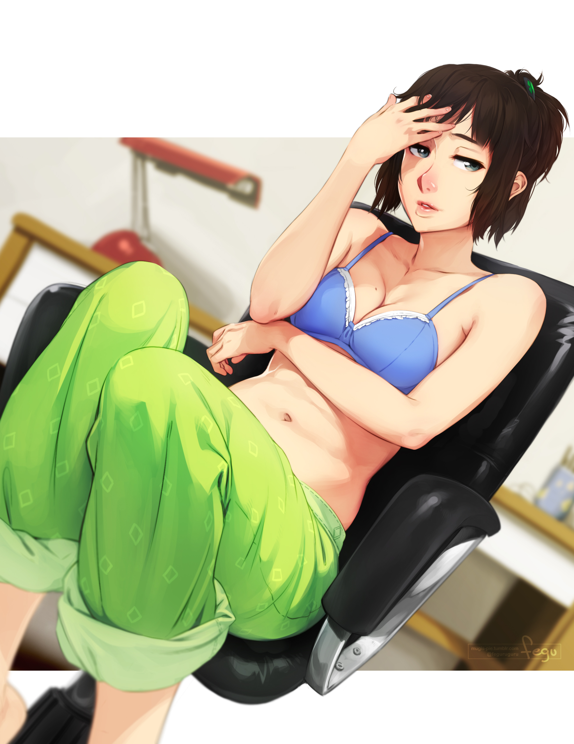 1girls, abs, black hair, bra, breasts, cleavage, feguimel, female, miranda (feguimel), navel, sitting, solo, text, tumblr, url, watermark