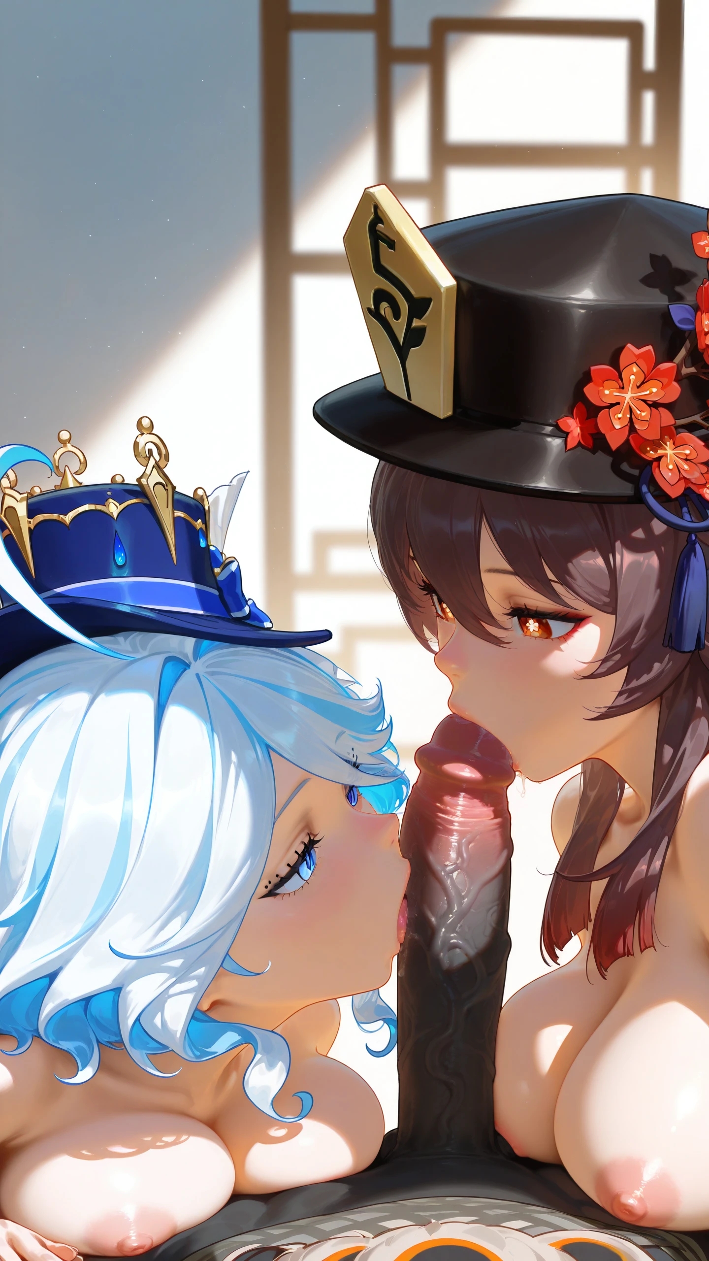 1boy, 2girls, ai generated, big penis, blowjob, breast press, breasts, cute, dark skin, dark-skinned male, female, furina (genshin impact), genshin impact, hilichurls (species), hu tao (genshin impact), interracial, licking penis, long penis, looking at another, male, nude, oral, penis, petite, pov, slim, sucking