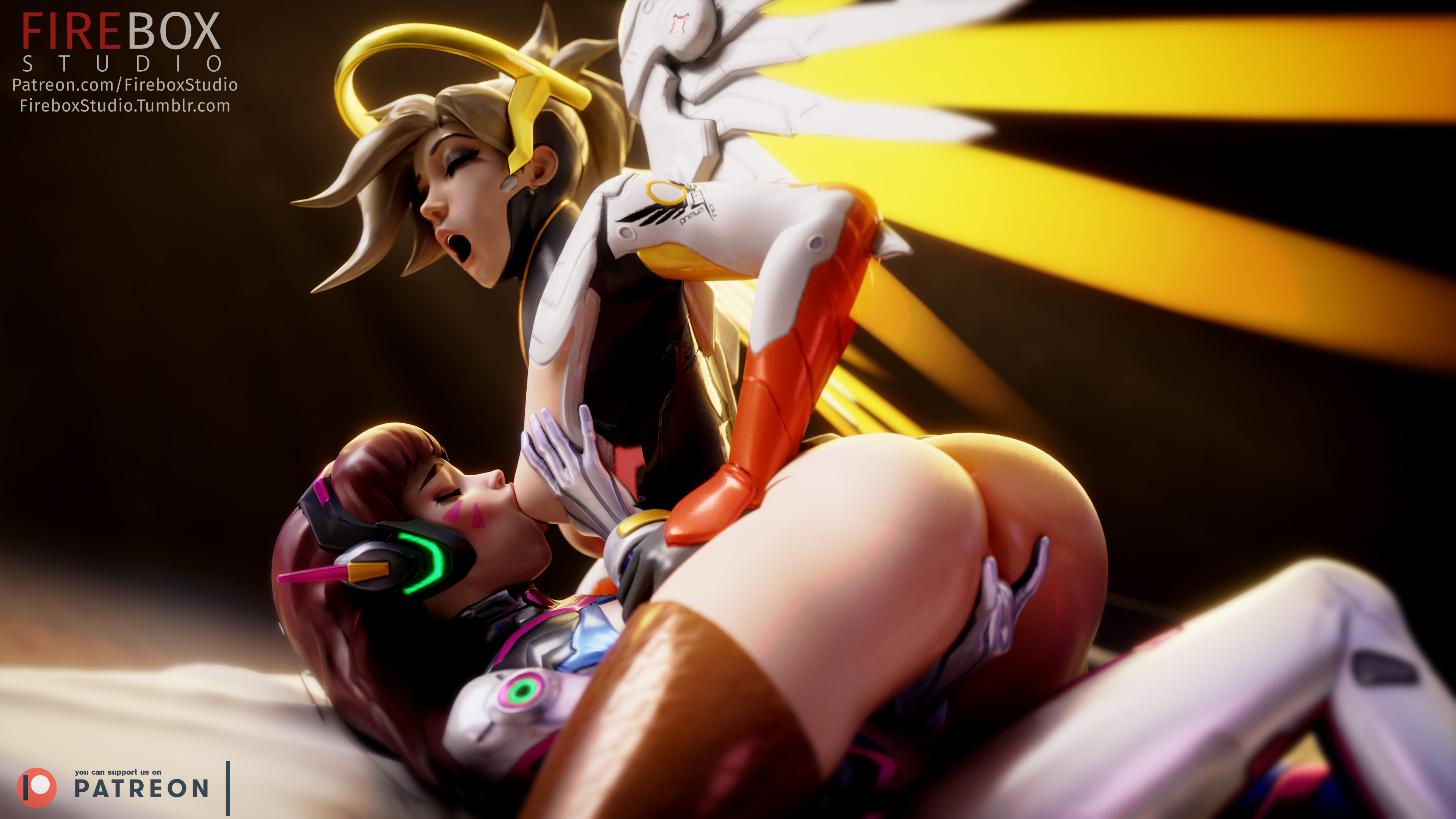 2girls, 3d, angela ziegler, areolae, asian, ass, blender, blizzard entertainment, blonde hair, breast sucking, breasts, brown hair, d.va, female, female only, fingering, fireboxstudio, hana song, interracial, mercy, nipples, overwatch, patreon username, thighhighs, tumblr username, yuri