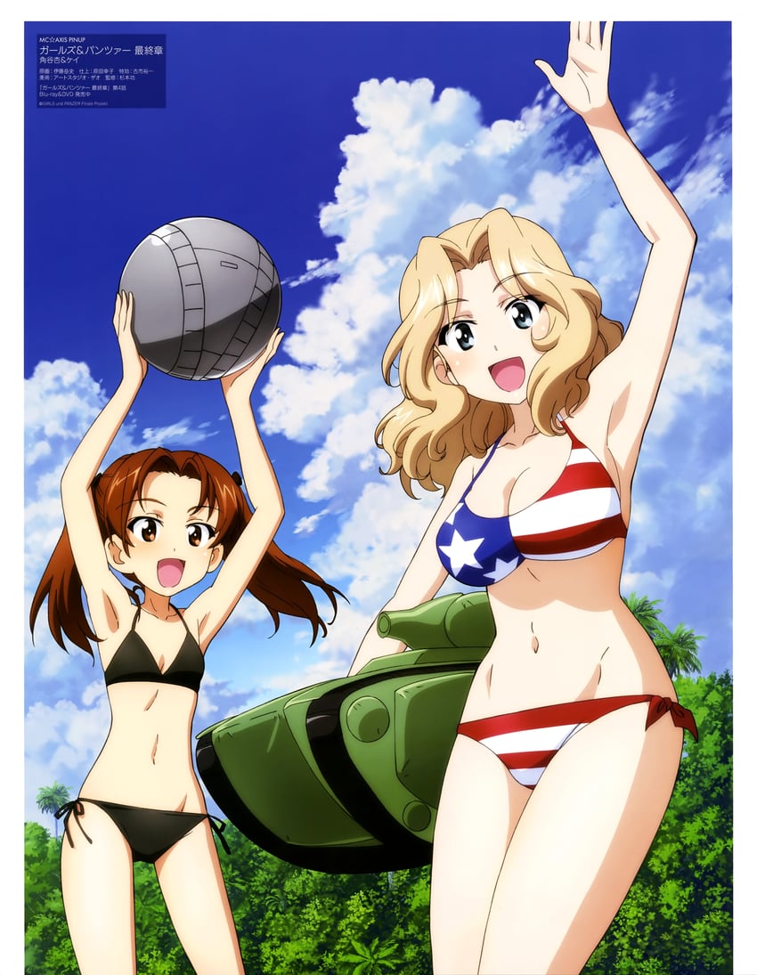2d 2girls american_flag_bikini american_flag_swimsuit beach big_breasts bikini girls_und_panzer kadotani_anzu kay_(girls_und_panzer) official_art schoolgirl small_breasts swimsuit