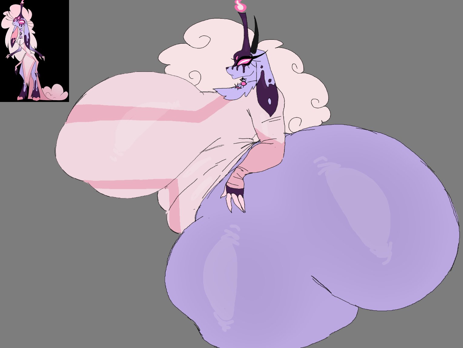 1girls, anthro, ass, ass bigger than head, ass focus, belphegor (helluva boss), big ass, big breasts, big butt, bottomless, breasts, breasts bigger than head, bubble butt, casual nudity, clothing, curvaceous, curvy, curvy figure, demon, demon girl, female, female only, furry, gigantic ass, gigantic breasts, goat, grey background, heavensthroat, hellaverse, helluva boss, horns, huge ass, huge breasts, hyper ass, hyper breasts, long hair, mostly nude, nipples visible through clothing, no bra, pink sclera, reference image, side view, solo, solo female, thick thighs, topwear, vivienne medrano, voluptuous, voluptuous female, white hair, white pupils, wide hips