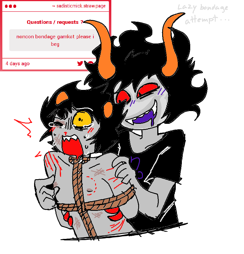 alien alien_boy alien_humanoid bite_mark bite_mark_on_chest black_hair black_t-shirt blood blood_on_arm blood_on_body blush blush_lines blushing bondage bruise bruised_eye clown_makeup colored crying crying_with_one_eye_closed digital_media_(artwork) duo face_paint fangs gamzee_makara grabbing grabbing_from_behind grey-skinned_male grey_skin grub_scars homestuck homestuck_troll horns humanoid_on_humanoid juggalo karkat_vantas looking_at_another makeup male male/male male_on_male male_only messy_hair ms_paint_adventures nipples noncon nonconsensual nosebleed one_eye_closed open_mouth_smile orange_horns pain pinch pinching_nipples rape raped raped_by_friend red_sclera request restrained restrained_arms rope_bondage rope_harness sad1sticmf scratch_marks scratches scratching screaming sharp_teeth simple_background sketch smile strawpage strawpage_request t-shirt tied_arms toxic_yaoi viz_media white_background yaoi yellow_sclera