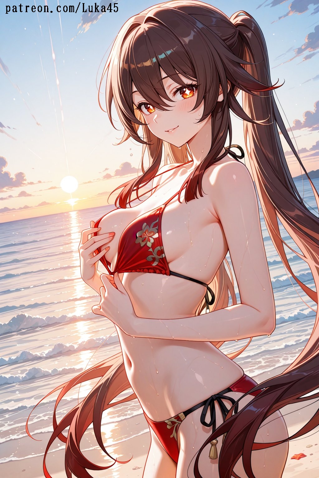 1girls, ai generated, beach, bikini, blush, breasts, brown hair, female, genshin impact, hoyoverse, hu tao (genshin impact), large hair, looking at viewer, luka45, mihoyo, navel, patreon, patreon reward, patreon url, patreon username, red bikini, smile, smiling, smiling at viewer, standing, touching breast, twintails, wet, wet body