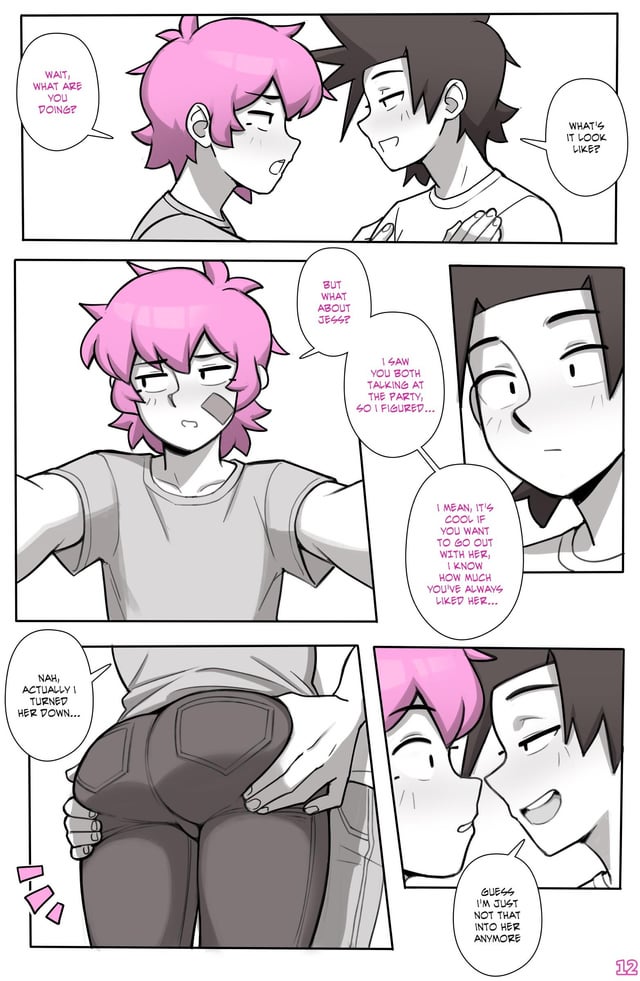 2boys ass ass_focus ass_grab black_and_white comic_page conversation dross grabbing greyscale jacob_(dross) kissing male panels pink_hair taylor_(dross)