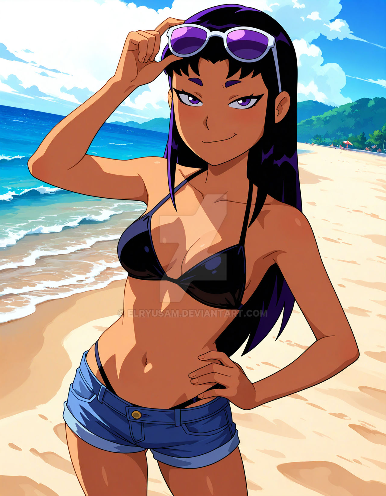 2025, ai generated, beach, belly, bikini under shorts, blackfire, cartoon network, dc, dc comics, deviantart, elryusam, evil grin, evil smile, female, grinning at viewer, hand on glasses, hand on hip, holding sunglasses, looking at viewer, meta, not porn, orange cheeks, purple bikini, purple eyebrows, purple eyes, purple hair, smile at viewer, smiling at viewer, sunglasses on head, teen titans, tummy, white sunglasses