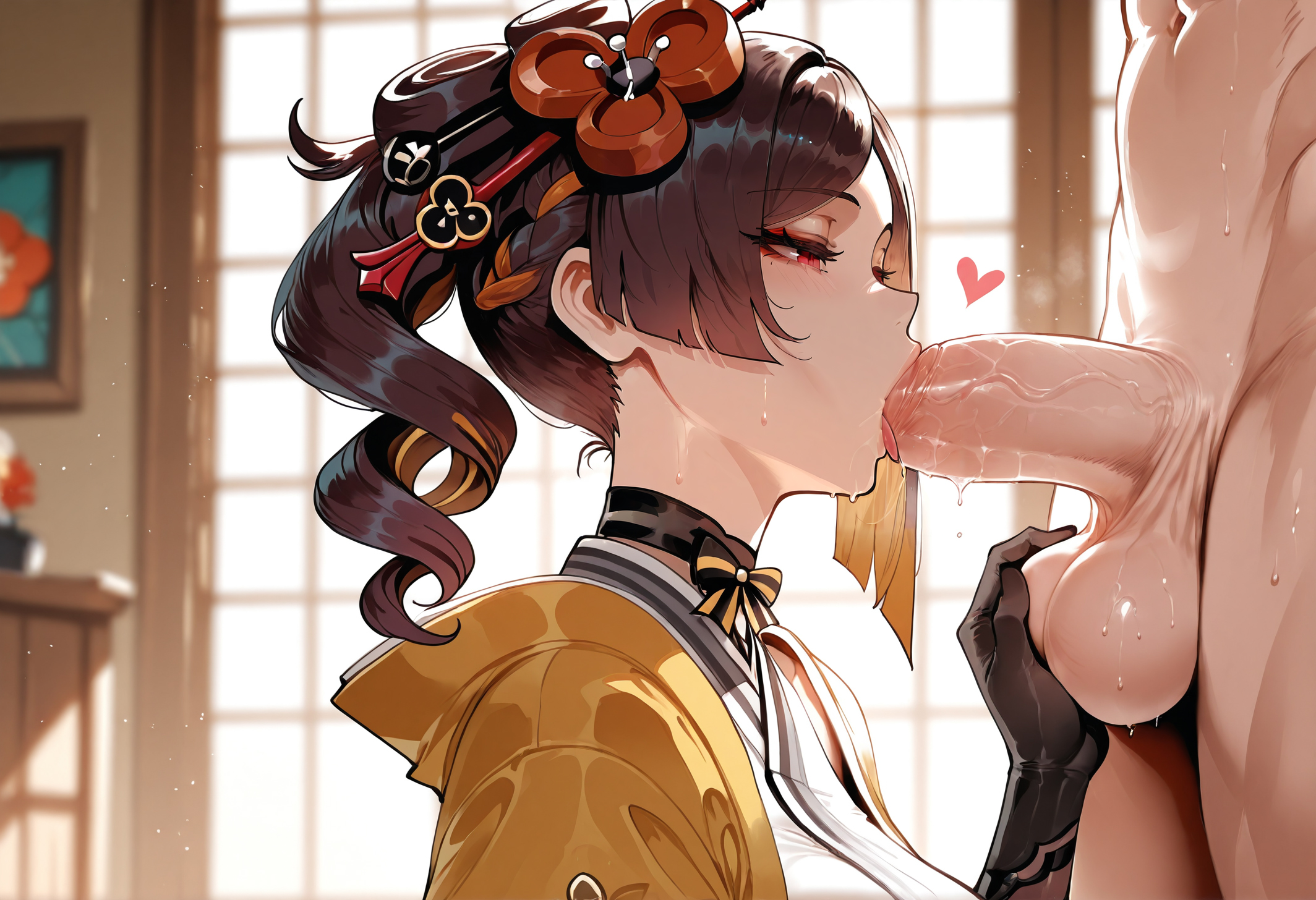 1boy, 1girls, ai generated, balls, balls grab, bangs, black gloves, black hair, blush, braid, breasts, brown hair, caressing balls, caressing testicles, chiori (genshin impact), choker, clothed female nude male, clothing, curvaceous, curvaceous female, curvaceous figure, curvy, curvy figure, drill hair, erection, fellatio, female, female focus, flower, genshin impact, gloves, hair flower, hair ornament, half-closed eyes, heart, hoyoverse, indoors, japanese clothes, kimono, large breasts, large penis, licking, light skin, light-skinned female, long hair, makeup, male, miyuai, mole, multicolored hair, nipples, nude, oral, penis, ponytail, red eyes, robe, saliva, solo focus, straight, sweat, symbol-shaped pupils, testicles, tongue, tongue out, traditional clothes, veins, veiny penis, voluptuous, voluptuous female, wafuku, window