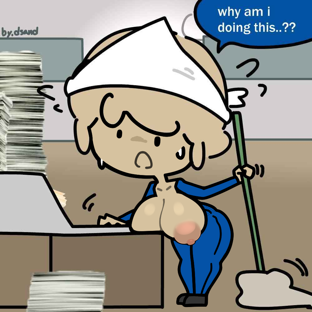 billy_worker blue_pants bodysuit book book_stack breast_rest breasts chibi cleaning clothing english_language english_text female flying_sweatdrops hat headwear holding holding_mop huge_breasts janitor large_breasts my_ghost_friend nipples office open_clothes open_mouth pants paper_stack rule_63 short_hair solo steca text thelazyart