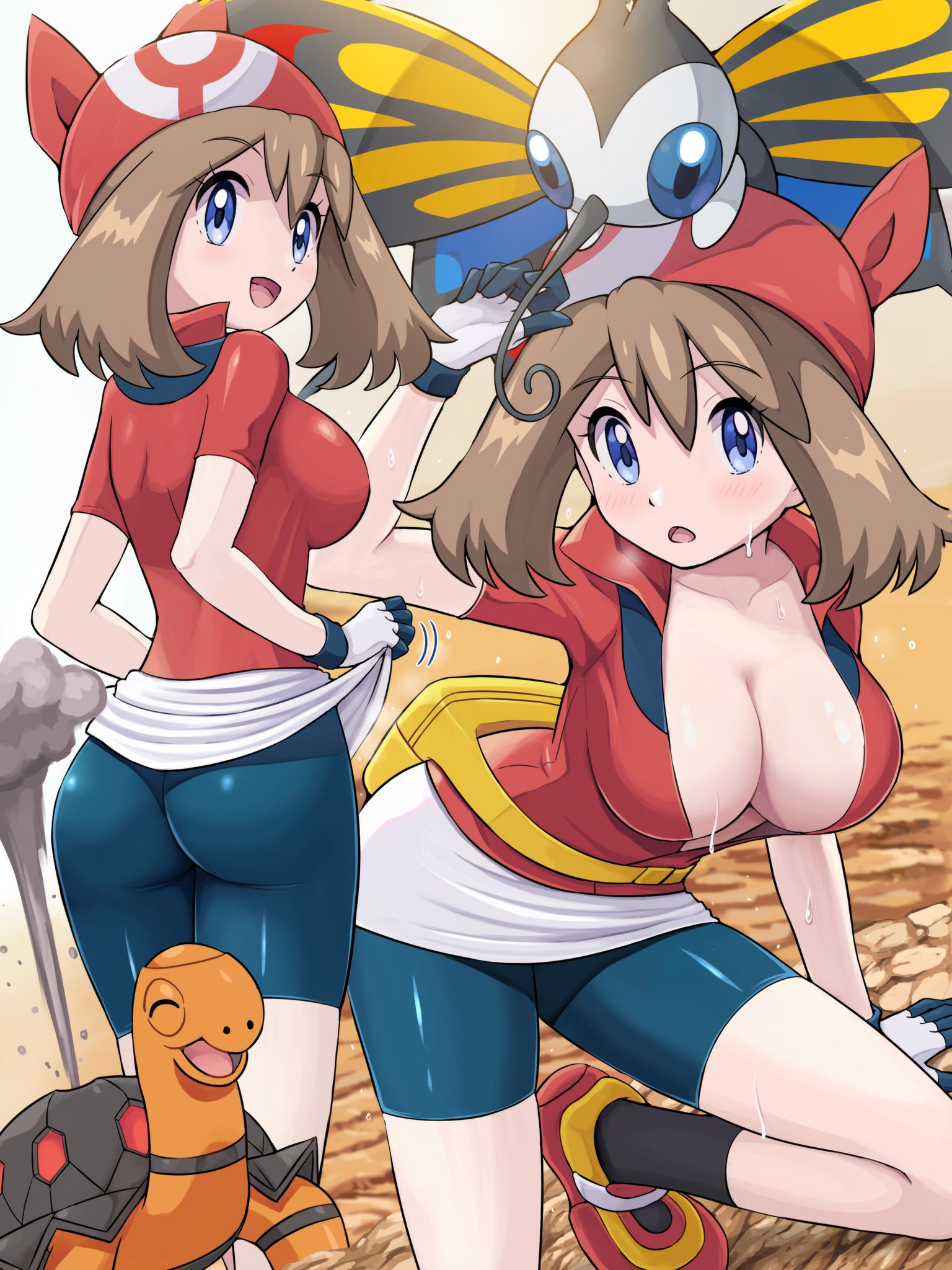 absurdres, ass, bandana, beautifly, big breasts, bike shorts, bike shorts under skirt, black shorts, blue eyes, blush, breasts, brown hair, cleavage, fanny pack, female, gloves, hairband, highres, looking at viewer, may (pokemon rs), may (pokemon), nintendo, open mouth, pokemoa, pokemon, pokemon rse, red bandana, red hairband, red shirt, shiny clothes, shiny clothing, shirt, short hair, shorts, showing ass, smile, solo, sweat, sweatdrop, tight clothes, tight clothing, tight shorts, torkoal