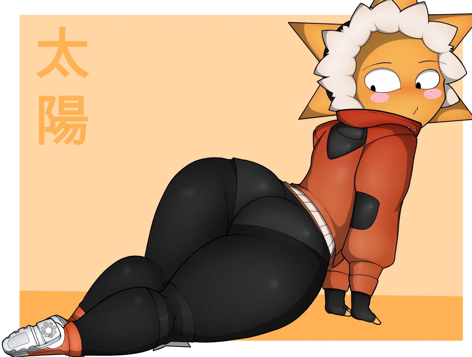 ass, fortnite, goldenisbunny, kanji, male, pants, stretching, suggestive pose, sunspot (fortnite), twink