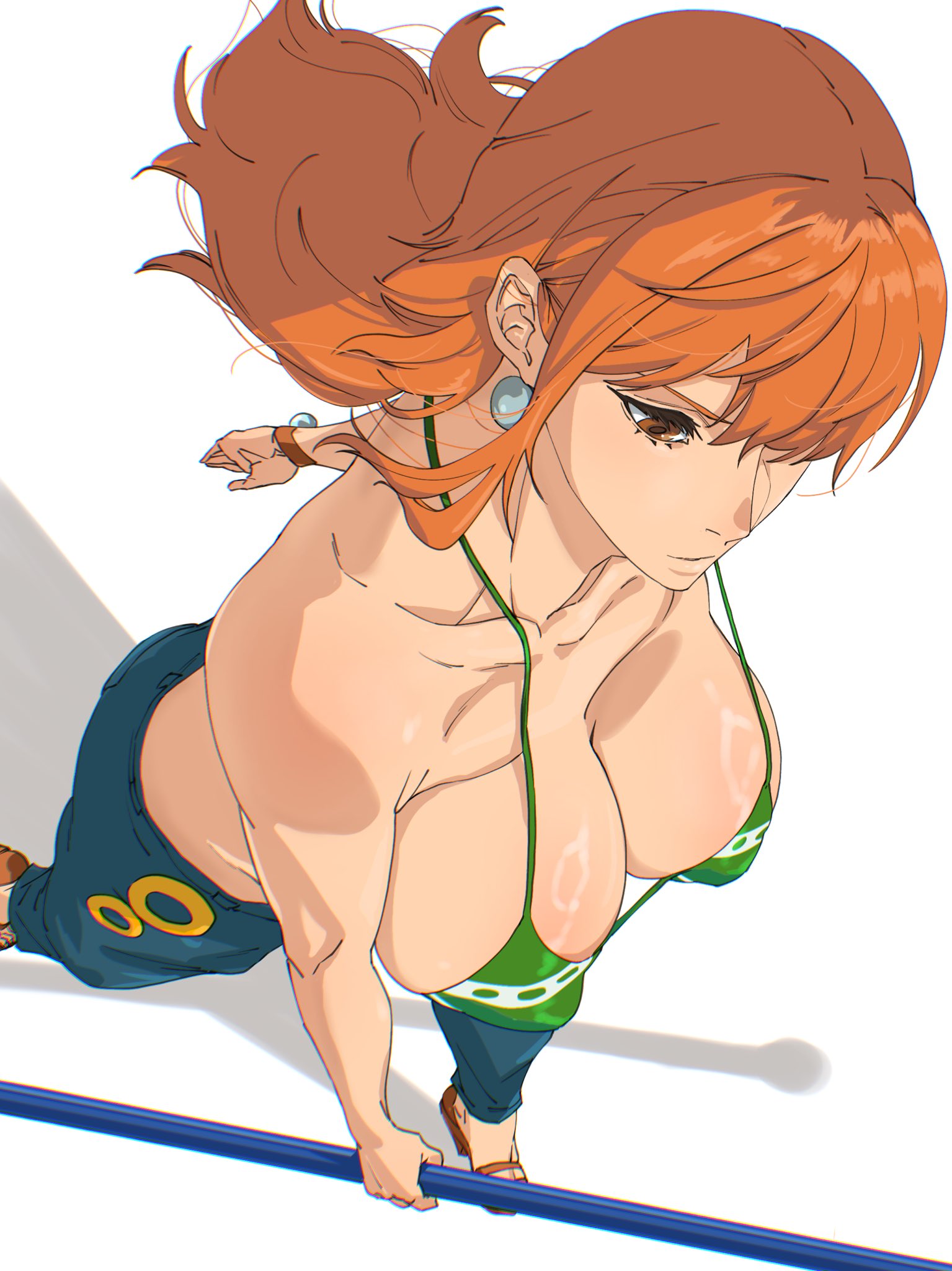 1girls, bikini top, cleavage, clothing, denim, female, female only, mattsunart, nami (one piece), nipple bulge, one piece, orange hair, orange-haired female, tagme
