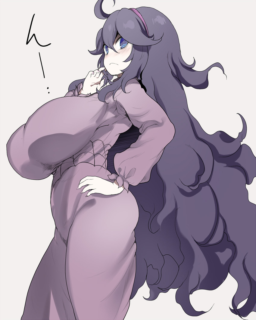 ahoge, big breasts, blue eyes, breasts, cowboy shot, curvy, female, from side, frown, game freak, hand on hip, hex maniac, hex maniac (pokemon xy), huge breasts, impossible clothes, kedamono kangoku-tou, large breasts, looking at viewer, messy hair, nintendo, plump, pokemon, pokemon oras, pokemon xy, purple hair, purple theme, very long hair, voluptuous