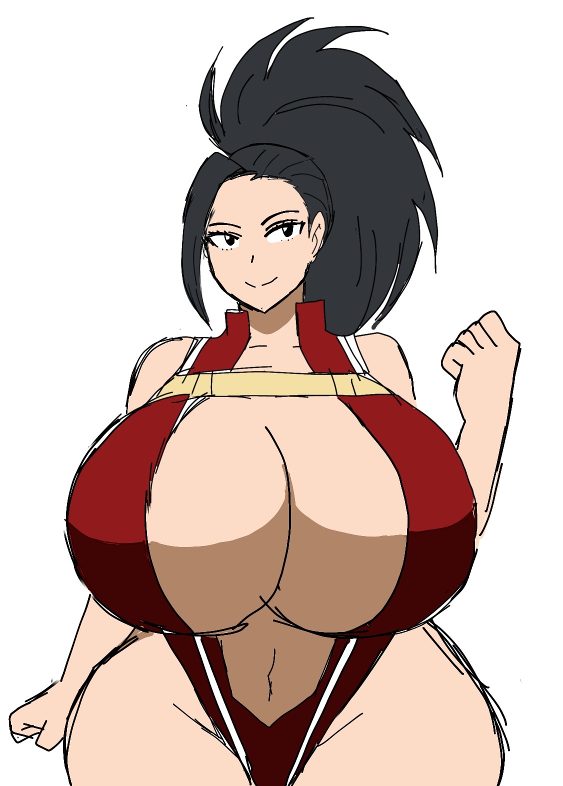 1girl, 1girls, 2d, 2d (artwork), aged up, alternate body type, alternate breast size, big breasts, black hair, boku no hero academia, breasts, breasts bigger than head, busty, busty female, busty girl, curvy, curvy body, curvy female, curvy figure, digital drawing (artwork), female, female focus, female only, hero outfit (mha), hips, huge breasts, human, human female, human only, impossible clothes, inner sideboob, large breasts, leotard, light skin, light-skinned female, mature, mature woman, momiji (artist), momo yaoyorozu, momo yaoyorozu (hero outfit), my hero academia, simple background, skimpy clothes, solo, solo female, solo focus, superhero costume, superheroine, upper body, white background, wide hips, yaoyorozu momo
