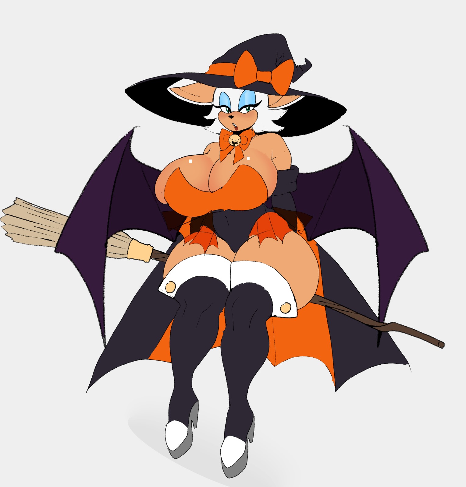 2024, anthro, bat, bat wings, bell, big breasts, big ears, blue eyeshadow, bow ribbon, breasts, broom, broom riding, cleaning tool, clothed, clothed anthro, clothed female, clothing, digital drawing (artwork), digital media (artwork), eyeshadow, female, footwear, front view, full-length portrait, fur, gatoradeew, glistening eyelids, halloween, hat, headgear, headwear, hi res, holidays, huge breasts, jingle bell, legwear, magic user, makeup, mammal, membrane (anatomy), membranous wings, navel outline, orange bow, portrait, rouge the bat, sega, shoes, simple background, solo, sonic (series), sonic the hedgehog (series), tan body, tan inner ear, tan skin, thick thighs, thigh highs, white body, white fur, white hair, wings, witch, witch hat