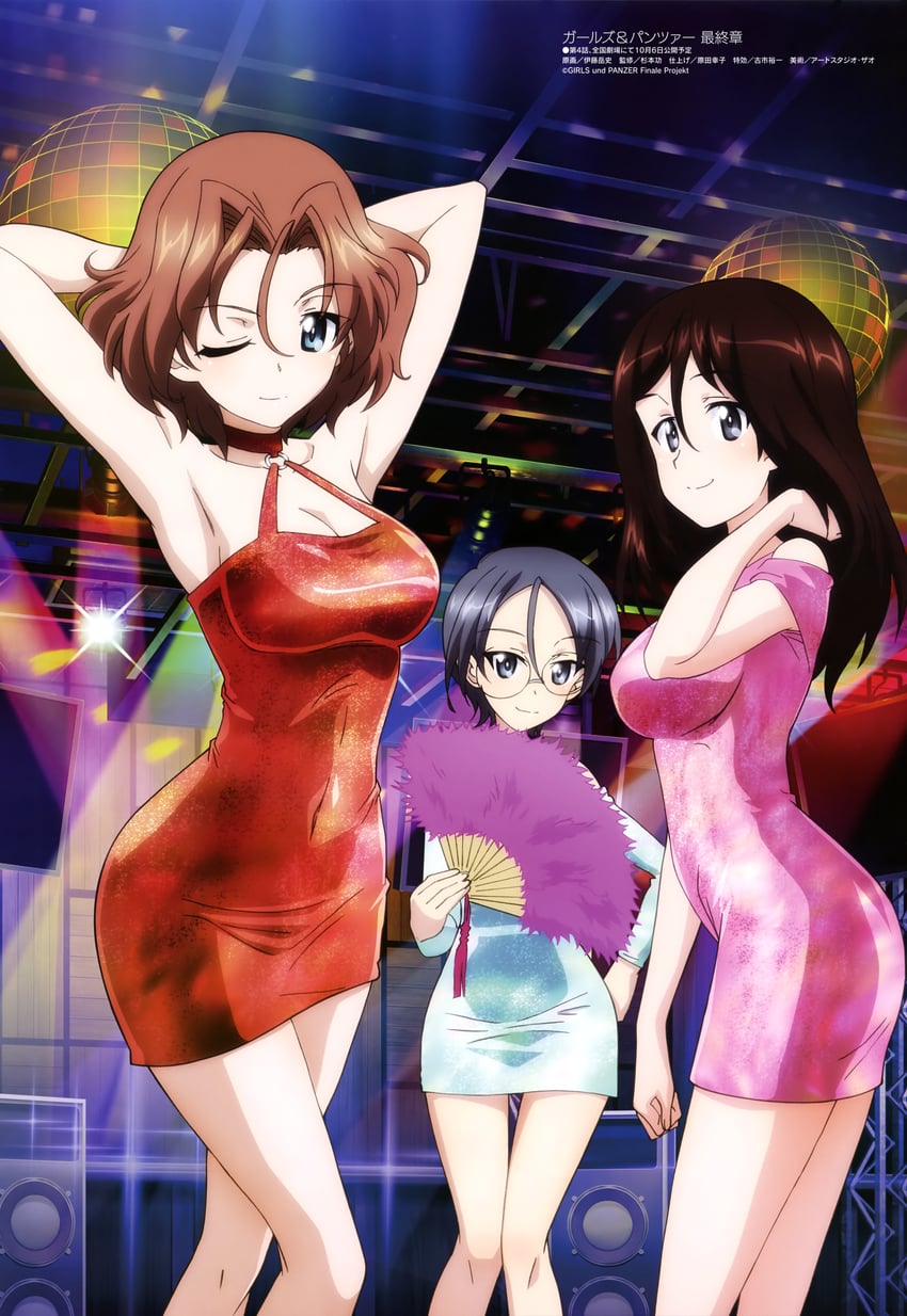 2d 3girls azumi_(girls_und_panzer) big_breasts breasts club dress female girls_und_panzer megumi_(girls_und_panzer) official_art perfect_body rumi_(girls_und_panzer) student