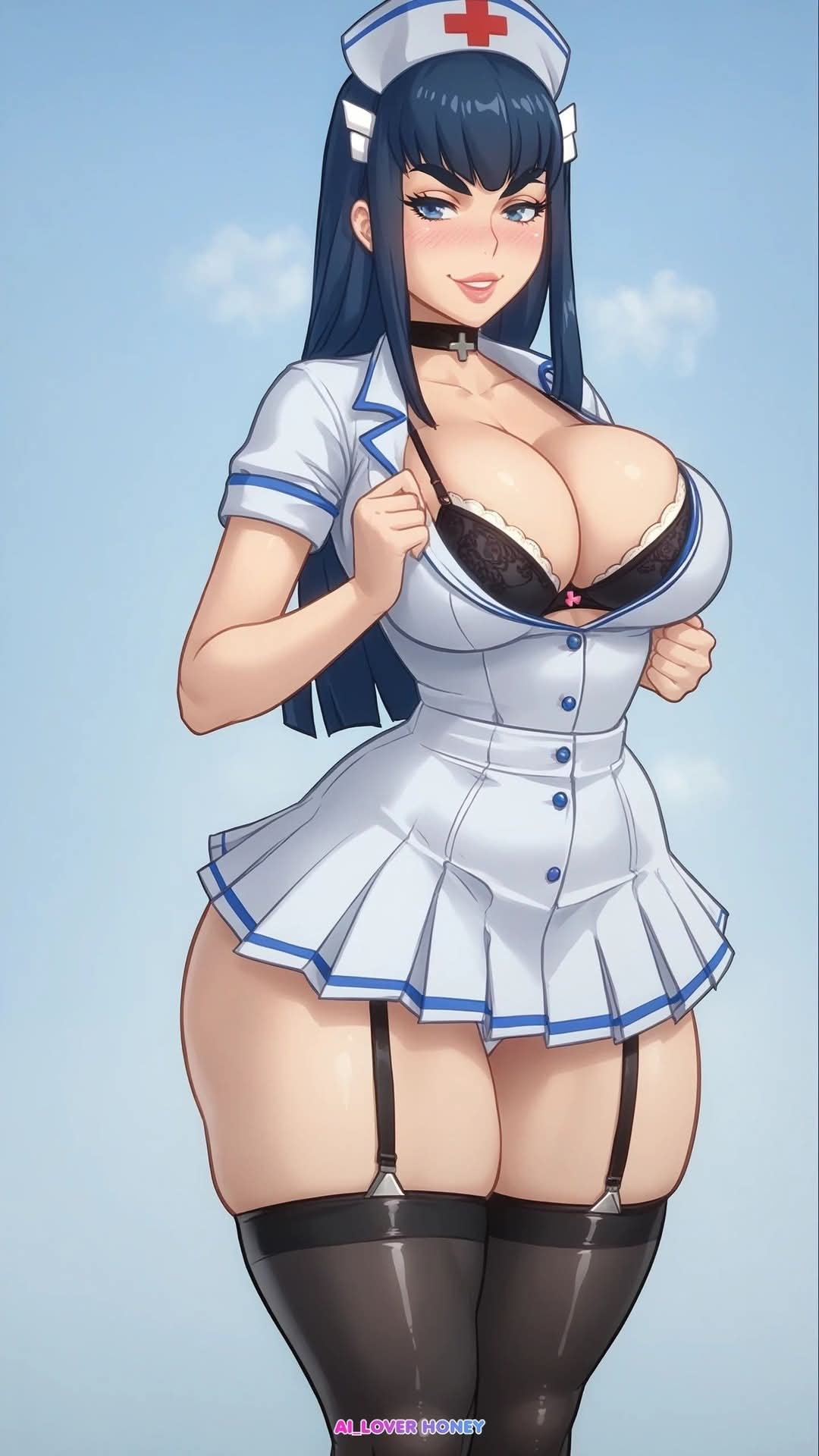 1girls, ai generated, ai loverhoney, big breasts, black hair, blue eyes, bra, breasts, cleavage, collar, curvy female, eyes, female, female only, hat, kill la kill, kiryuuin satsuki, large breasts, light skin, light-skinned female, lingerie, long hair, looking at viewer, nurse, nurse cap, nurse uniform, stockings, thick, thick thighs, voluptuous, voluptuous female, wide hips