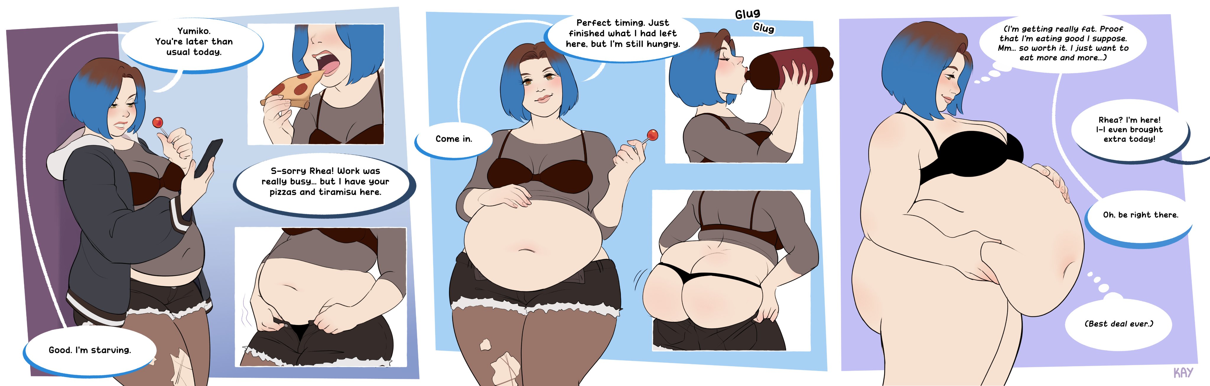 1girls, 2024, 5girls, absurd res, absurd resolution, absurdres, arm bent, aroused, ass, ass cleavage, ass crack, ass jiggle, belly, belly expansion, belly grab, belly growth, belly overhang, big ass, big belly, big breasts, black bra, black panties, black short shorts, black shorts, blue hair, blue hoodie, blue-haired female, blush, bob cut, bra, bra strap, bra visible through clothes, breast expansion, breast growth, breast growth (enlargement), breasts, brown hair, brown-haired female, butt crack, candy, chubby, chubby belly, chubby female, chugging, cleavage, cleavage overflow, closed eyes, closed mouth, closed mouth smile, clothed, colored, comic, commission, cowboy shot, denim bottomwear, denim clothing, denim shorts, dialogue, drinking, drinking soda, dyed hair, eating pizza, english dialogue, english text, enjoying expansion, enjoying weight gain, expansion, expansion sequence, exposed belly, exposed fat belly, eyeliner, fat, fat ass, fat belly, fat female, fat fetish, fat thighs, feedee, feederism, female, female feeder, female only, food, front view, full lips, getting dressed, getting undressed, gluttony, grabbing, grabbing belly, grabbing own belly, half-closed eyes, hand on belly, hand on own belly, hands on ass, hands on own ass, hazel eyes, high res, high resolution, highres, holding bottle, holding candy, holding food, holding lollipop, holding object, holding pizza, holding soda, hoodie, huge belly, huge thighs, jiggle, jiggling ass, jiggling belly, kay inthedark, leaning, leaning back, leaning on wall, light skin, light-skinned female, lingerie, lingerie only, lollipop, looking at own belly, looking at phone, looking at viewer, looking down, looking down at self, love handles, loving it, medium breasts, medium hair, motion lines, muffin top, multiple angles, multiple outfits, navel, navel visible through clothes, nose blush, obese, obese female, offscreen character, onomatopoeia, open hoodie, original, outgrowing clothes, overflowing breasts, overweight, overweight female, panels, pantyhose, part of a set, parted hair, parted lips, partially clothed, partially clothed female, phone, pizza, pizza slice, pulling down pants, pulling down shorts, pulling up pants, pulling up shorts, rhea maybrook, ripped pantyhose, ripped shorts, roots showing, see-through clothing, see-through shirt, see-through top, sequence, shirt lift, short shorts, side view, signature, smile, speech bubble, spillage, standing, straight hair, stuttering, text, thick thighs, thigh expansion, thigh growth, thought bubble, three-quarter view, torn pantyhose, two-tone hair, unbuttoned bottomwear, unbuttoned pants, unbuttoned shorts, undersized clothes, weight gain, weight gain female, weight gain sequence, wide hips, yumiko (the k64), yuri