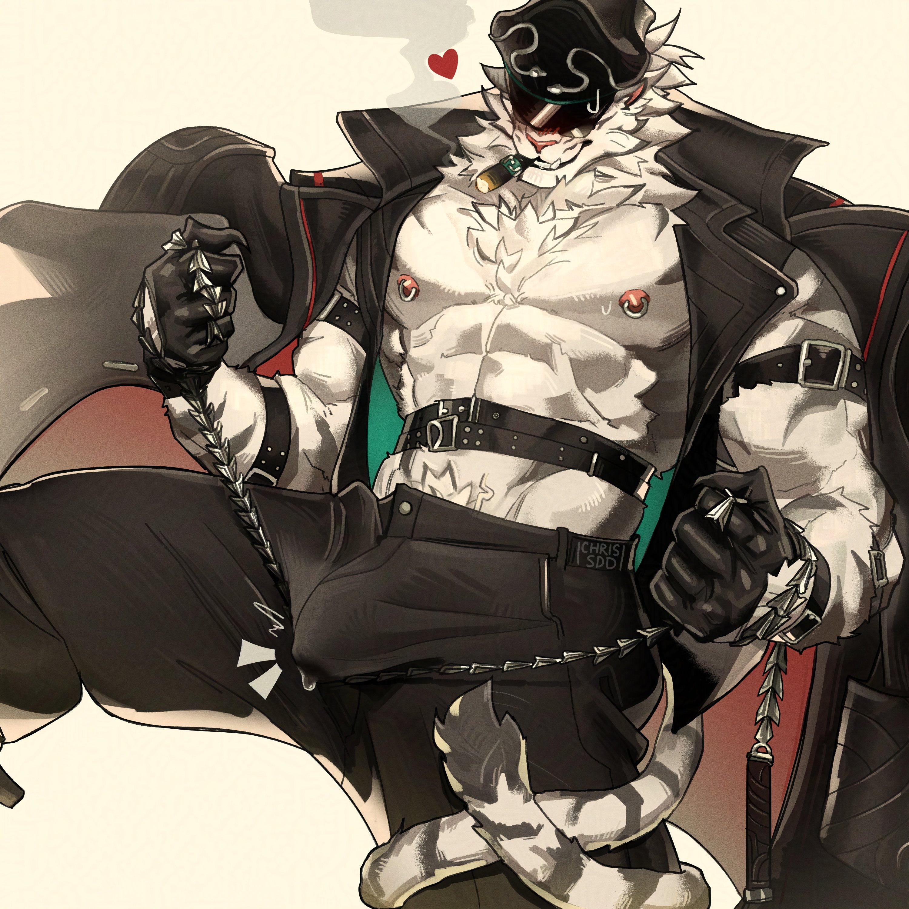1boy, abs, animal, animal humanoid, biceps, black jacket, black pants, bulge, bulge through clothing, chains, chris sdd, cigar, cigar in mouth, cigar smoke, dislyte, furry, furry male, furry only, gloves, grabbing chains, grin, grinning, hearts around head, hi res, hidden eyes, highres, jin qiu, jin qiu (dislyte), jin qiu (ru shou) (dislyte), leaking, leaking precum, leaking through clothes, leaking through clothing, leather gloves, leather harness, leather hat, leather jacket, leather straps, legs apart, legs spread, male, male focus, male only, muscular, muscular male, nipple piercing, nipples, penis, piercing, smile, smiling, smoking, smoking cigar, solo, solo male, sunglasses, sweat, sweatdrop, sweating, sweating male, tail around leg, thighs, tiger, twitching penis, white fur, white tiger