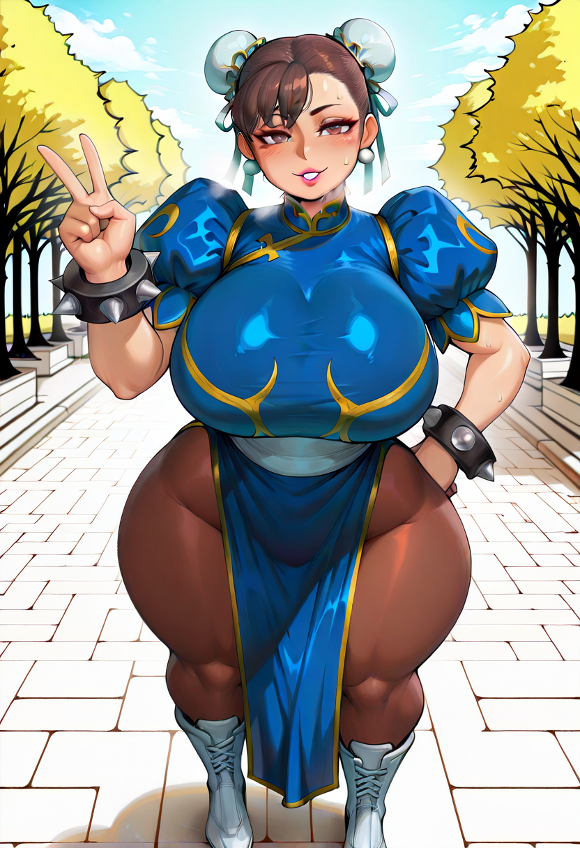 1girls, ai generated, asian, asian bimbo, asian female, ass, big breasts, bimbo, blush, breasts, breasts bigger than head, brown eyes, brown hair, chinese clothes, chun-li, female, gigantic breasts, hair bun, hand on hip, huge ass, huge breasts, lipstick, lustful gaze, massive breasts, paag, pantyhose, peace sign, pink lipstick, pinwheeler, seductive, seductive look, short hair, street fighter, sweat, thick thighs, thunder thighs, wide hips