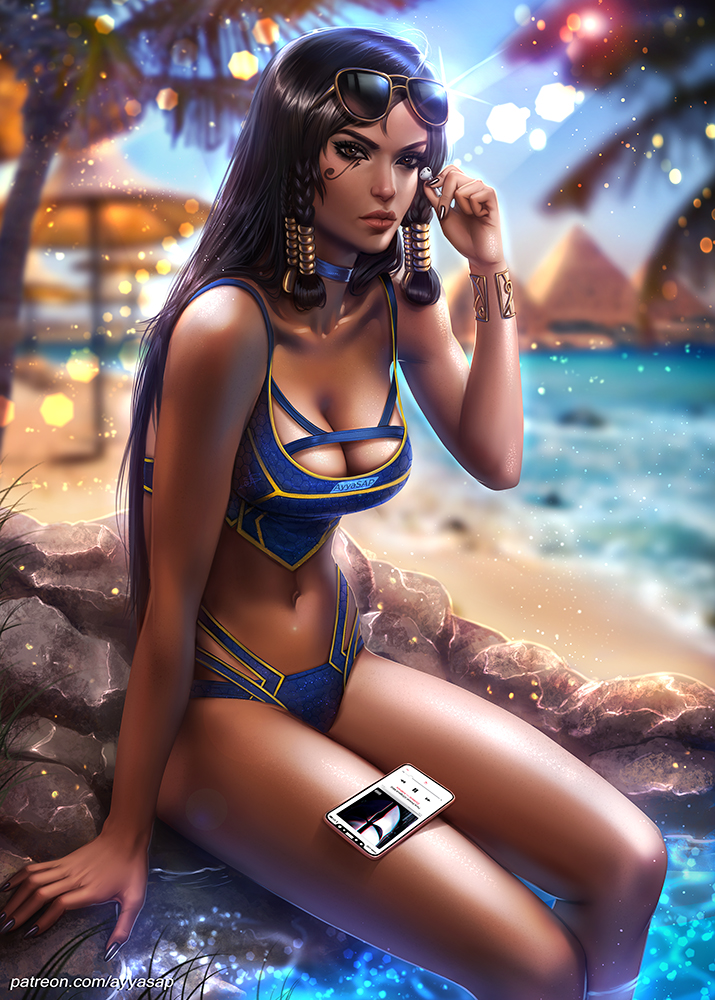 1girls, ayyasap, bikini, black hair, cleavage, dark skin, dark-skinned female, female, female only, legs, long hair, outdoors, overwatch, pharah, sitting, solo, solo focus, sunglasses