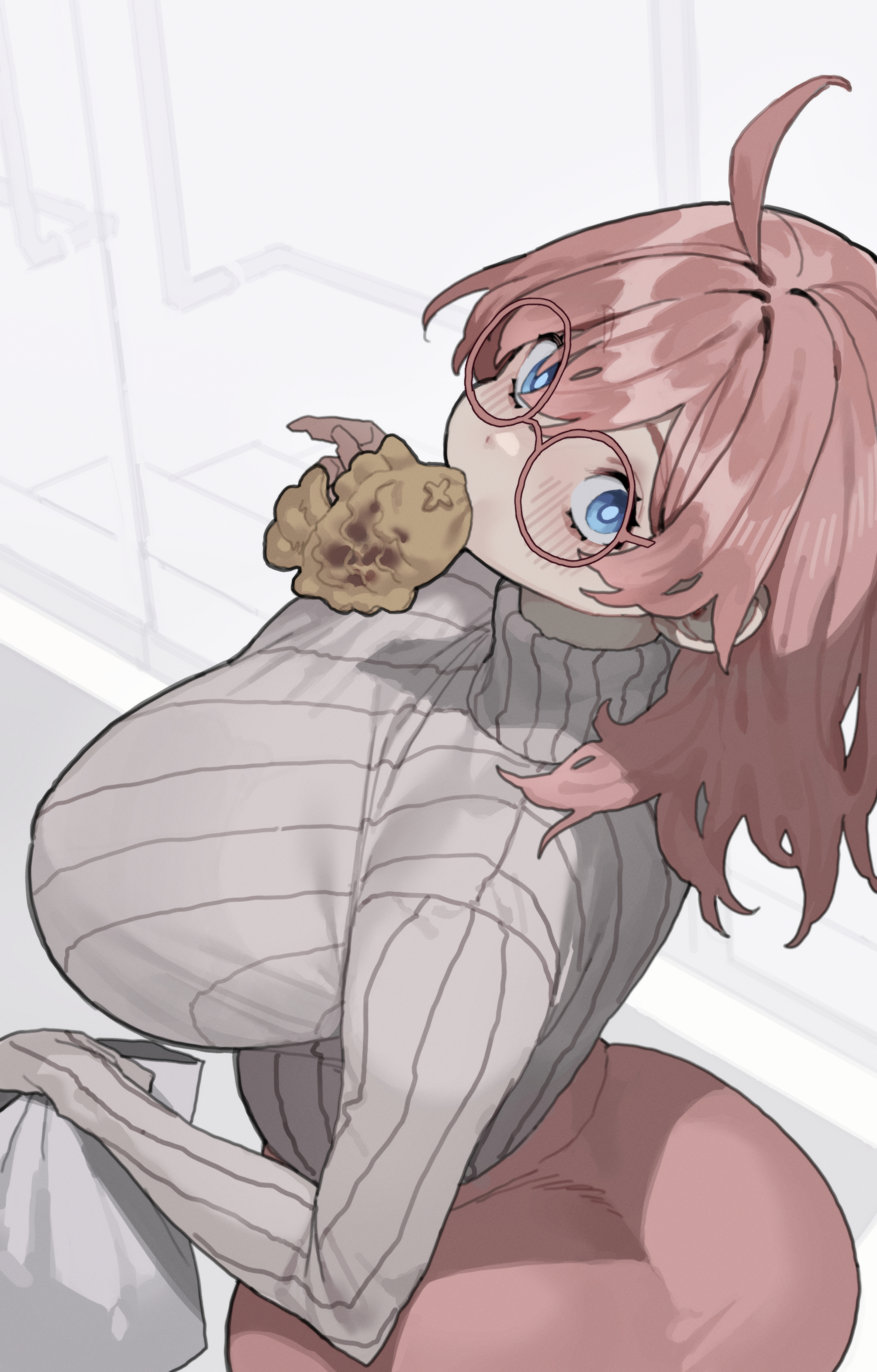 1girls, ass, ass focus, big ass, big breasts, big butt, blue eyes, blush, blush lines, breasts, clothed, clothing, cookie, cute, female, female only, glasses, looking at viewer, mimyo, original, original character, pink hair, short hair, solo female, tight clothes, tight clothing, tight fit, tilted head