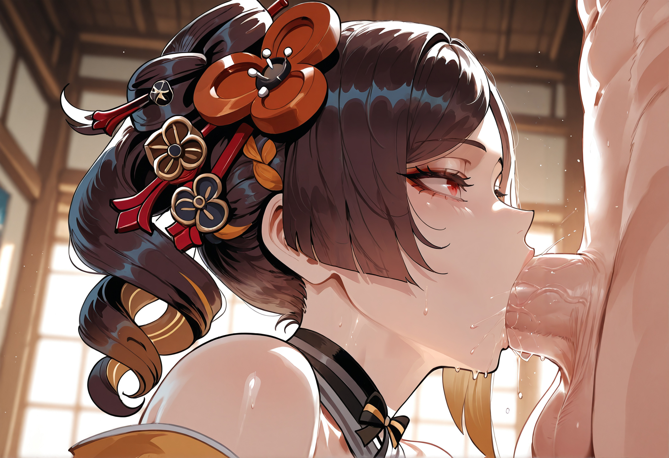 1boy, 1girls, ai generated, balls, bangs, bare shoulders, black hair, blush, breasts, brown hair, chiori (genshin impact), choker, clothed female, clothed female nude male, clothing, curvaceous, curvaceous female, curvaceous figure, curvy, curvy figure, deepthroat, drill hair, erection, eyelashes, eyeshadow, fellatio, female, female focus, genshin impact, hair ornament, hoyoverse, indoors, japanese clothes, kimono, large breasts, large penis, light skin, light-skinned female, long hair, looking up, makeup, male, mascara, miyuai, multicolored hair, nipples, nude, nude male, oral, penis, ponytail, red eyes, robe, saliva, sex, solo focus, straight, sweat, testicles, traditional clothes, veins, veiny penis, voluptuous, voluptuous female, wafuku, window